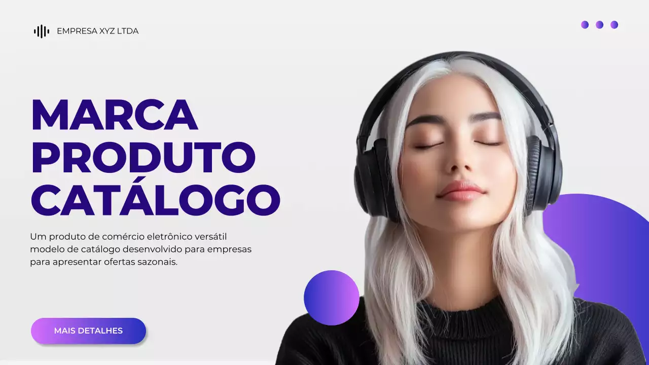 Apresentação do catálogo de produtos para dispositivos digitais em cinzento e roxo