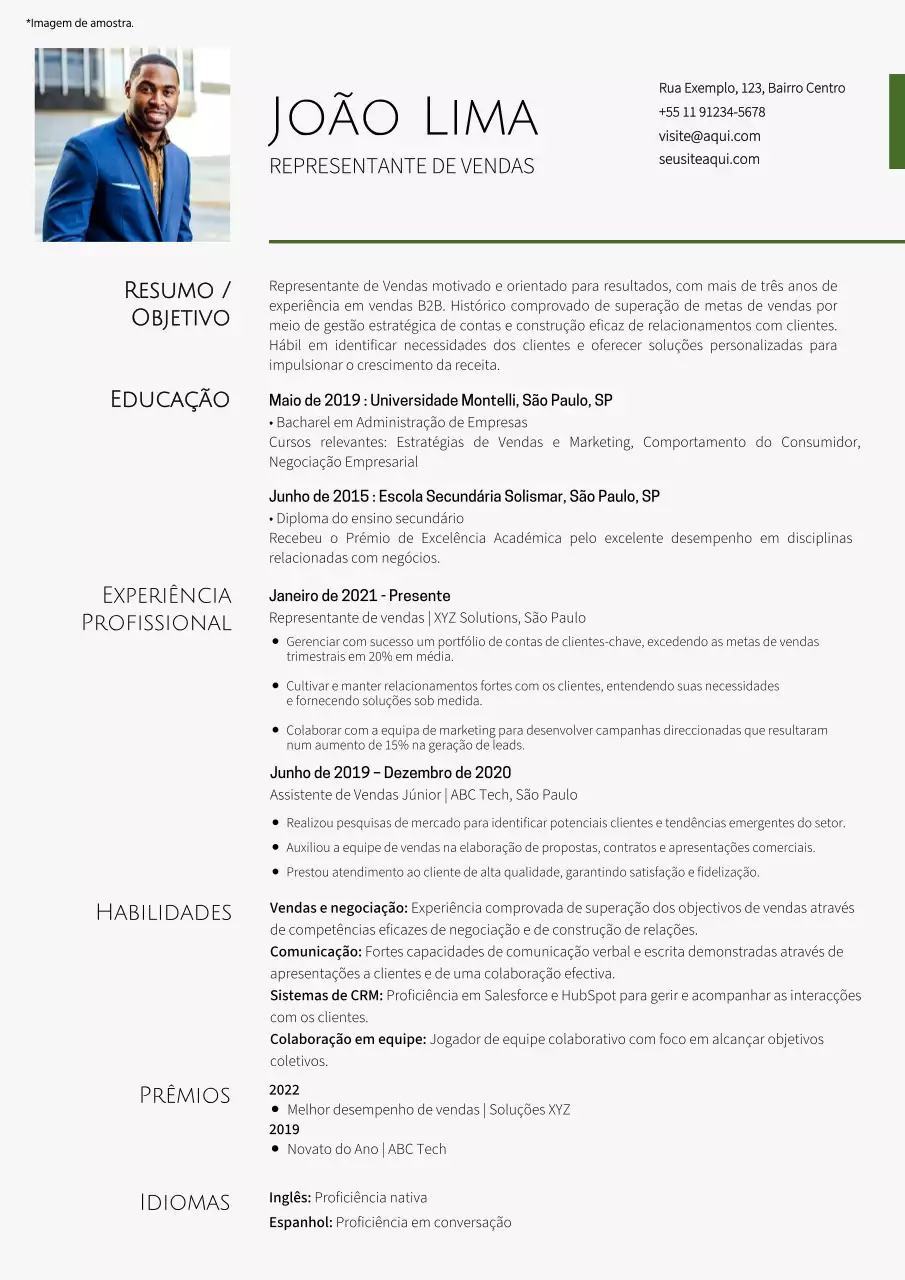 Currículo simples de representante de vendas branco e verde