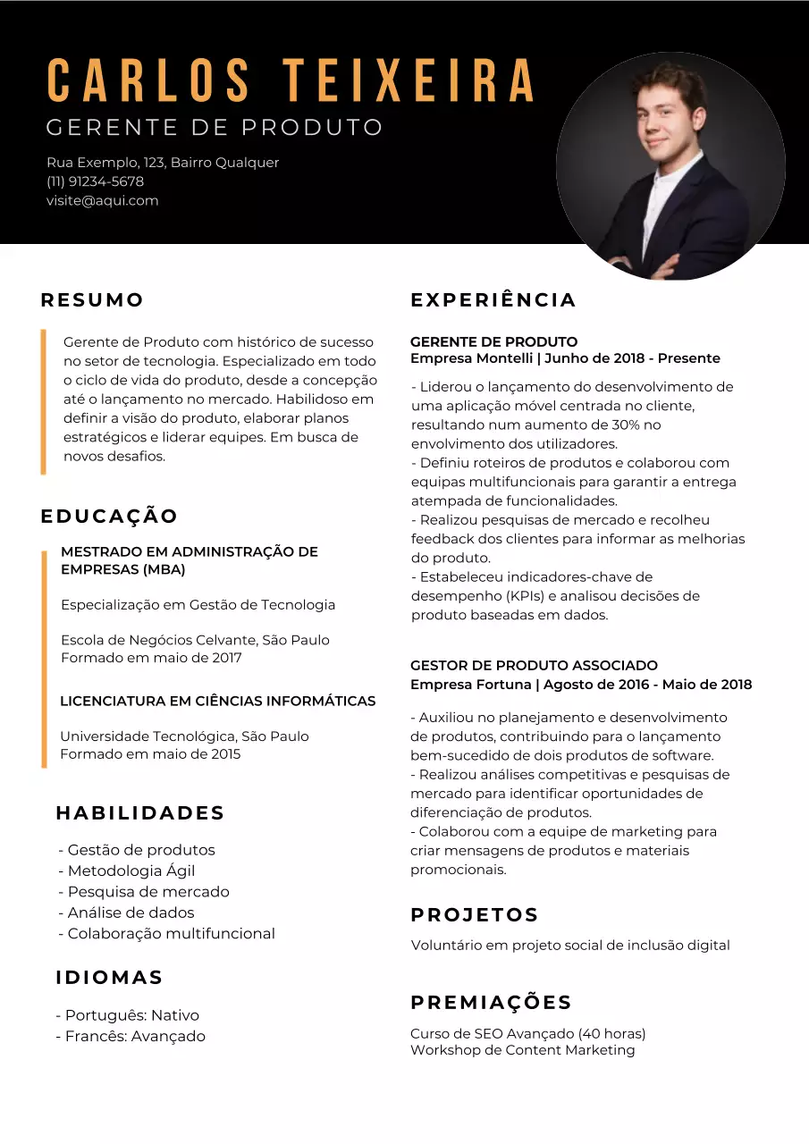 Currículo básico de gestor de produto preto e laranja