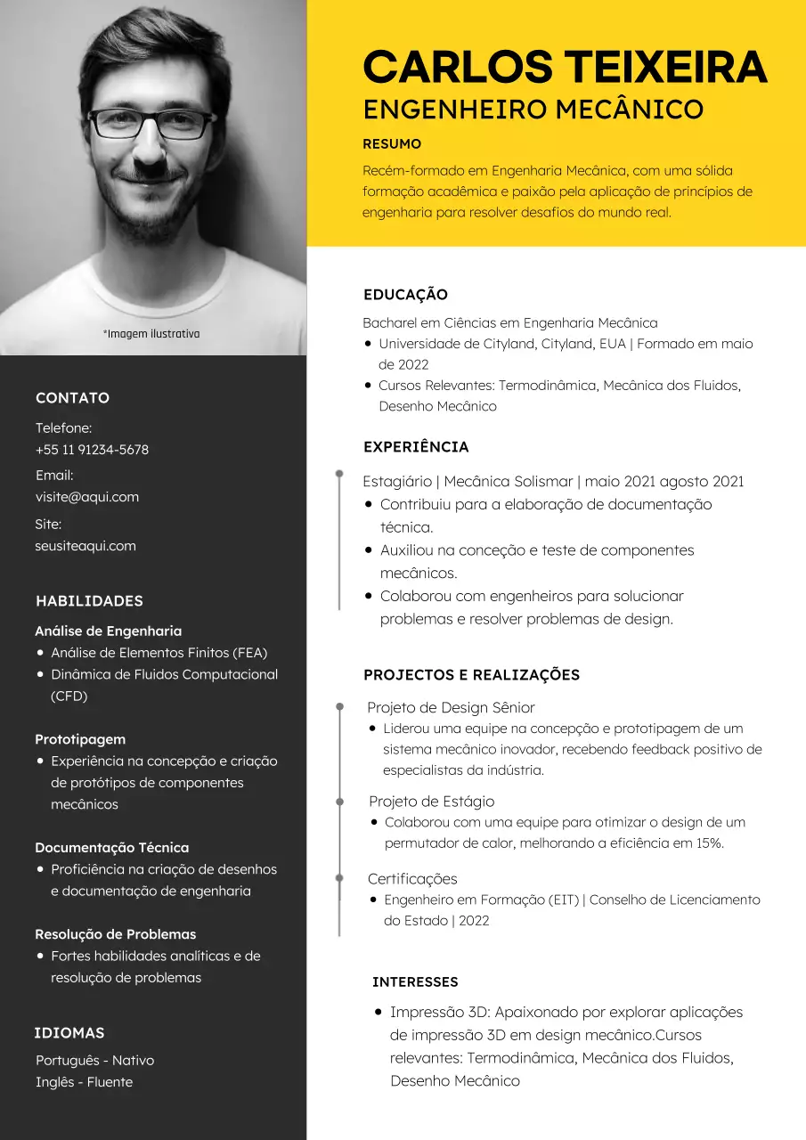 Currículo de engenheiro mecânico moderno amarelo e cinzento
