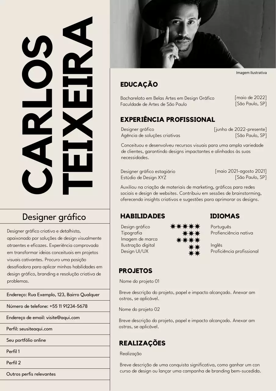 Currículo de designer gráfico preto e bege na moda