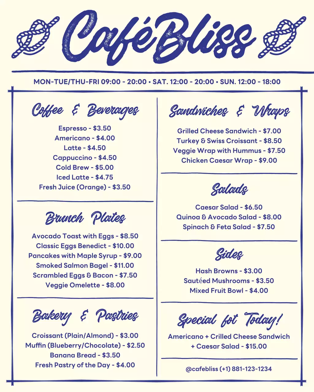 Blue Vintage Brunch Cafe Menu Instagram Post