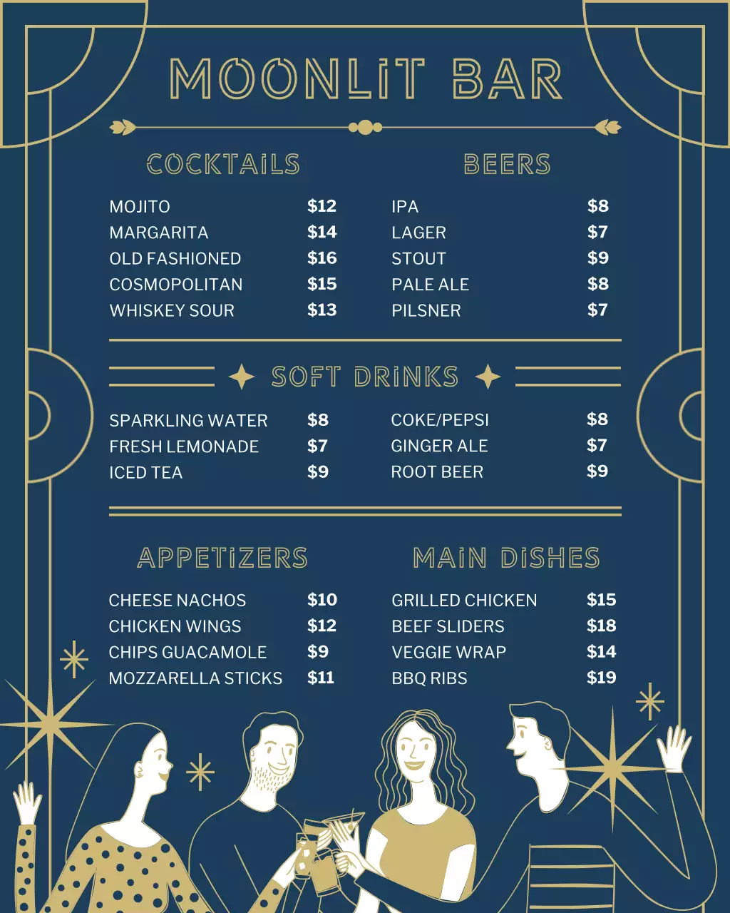 Golden Blue Classic Bar Digital Menu Instagram Post