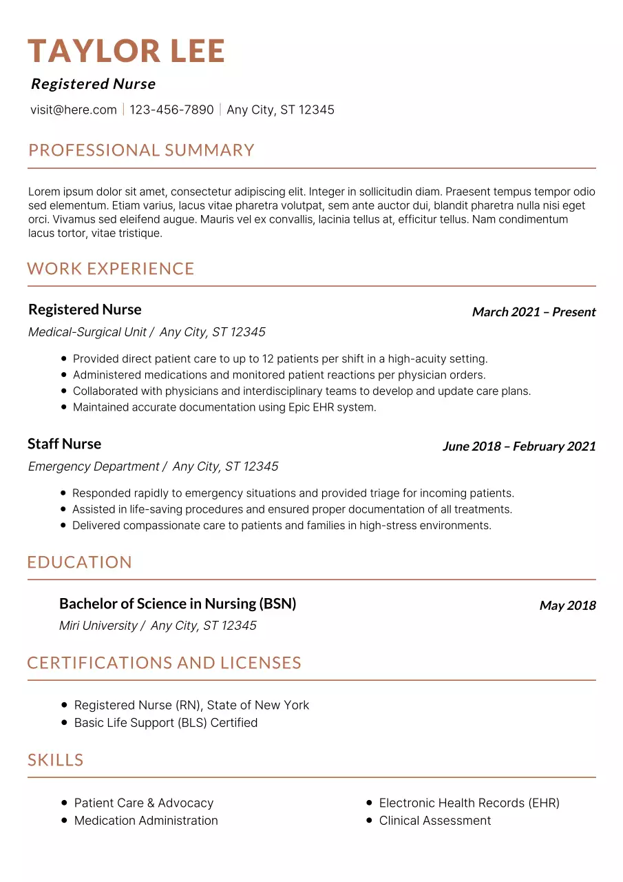 Brown Modern Professional Nursing Resume Document