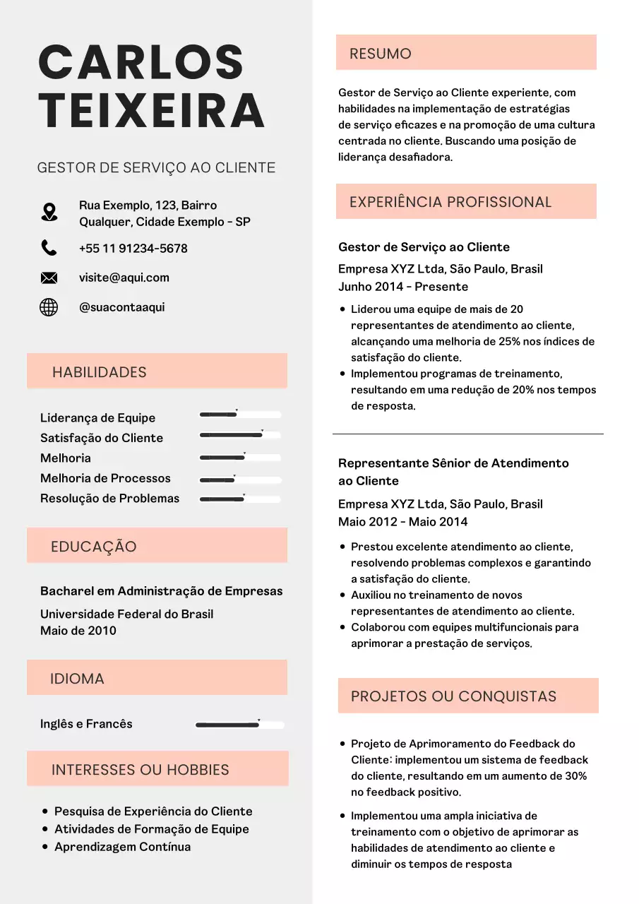 Currículo simples de gestor de serviço ao cliente cinzento e laranja suave