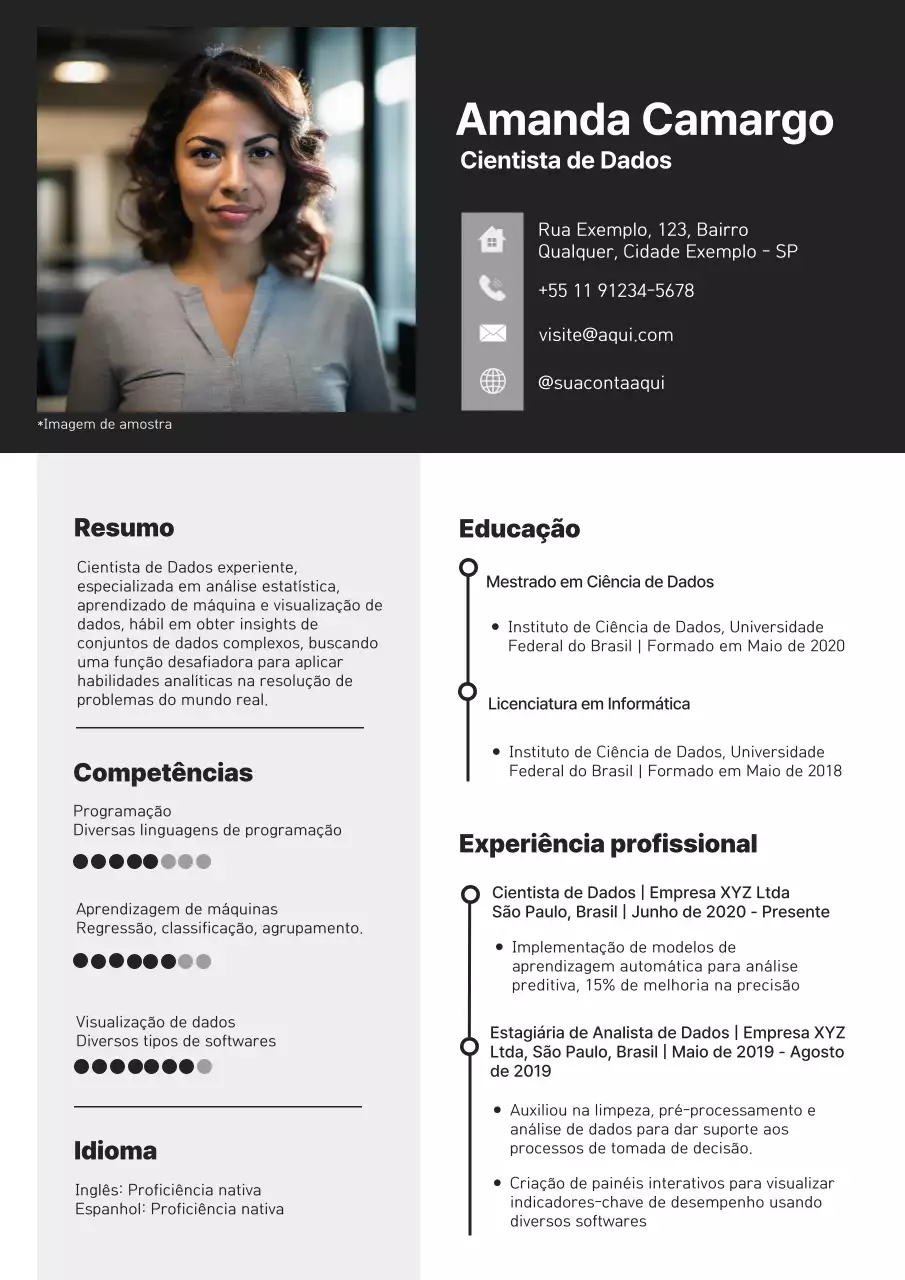 Portfólio moderno de cientista de dados a preto e branco