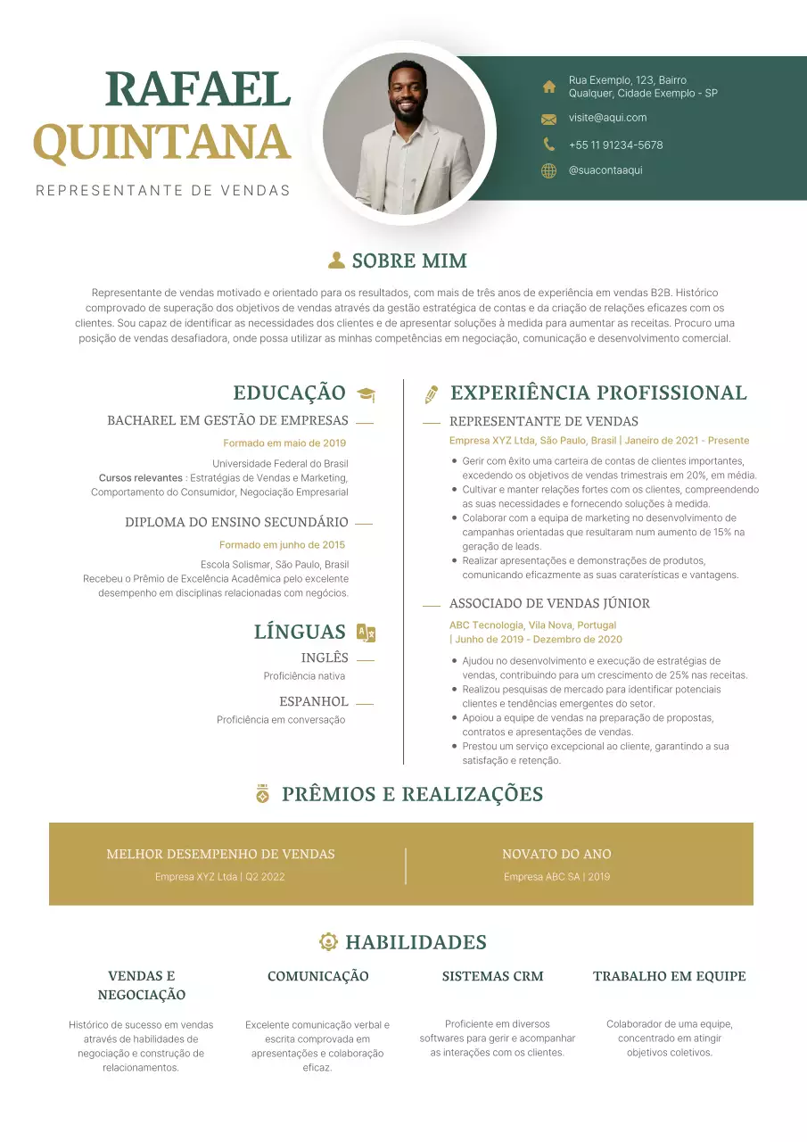 Verde e dourado Simples Moderno Elegante Currículo de Representante de Vendas