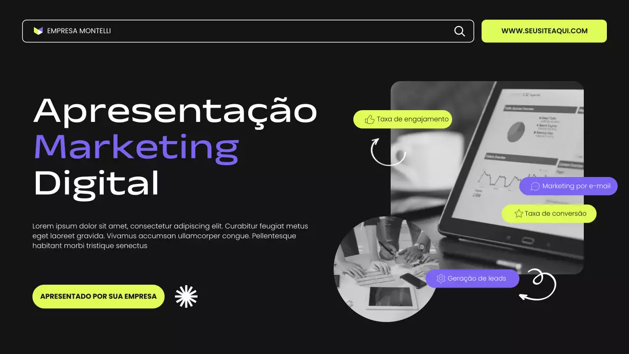 apresentação de marketing digital moderna em preto, roxo e verde