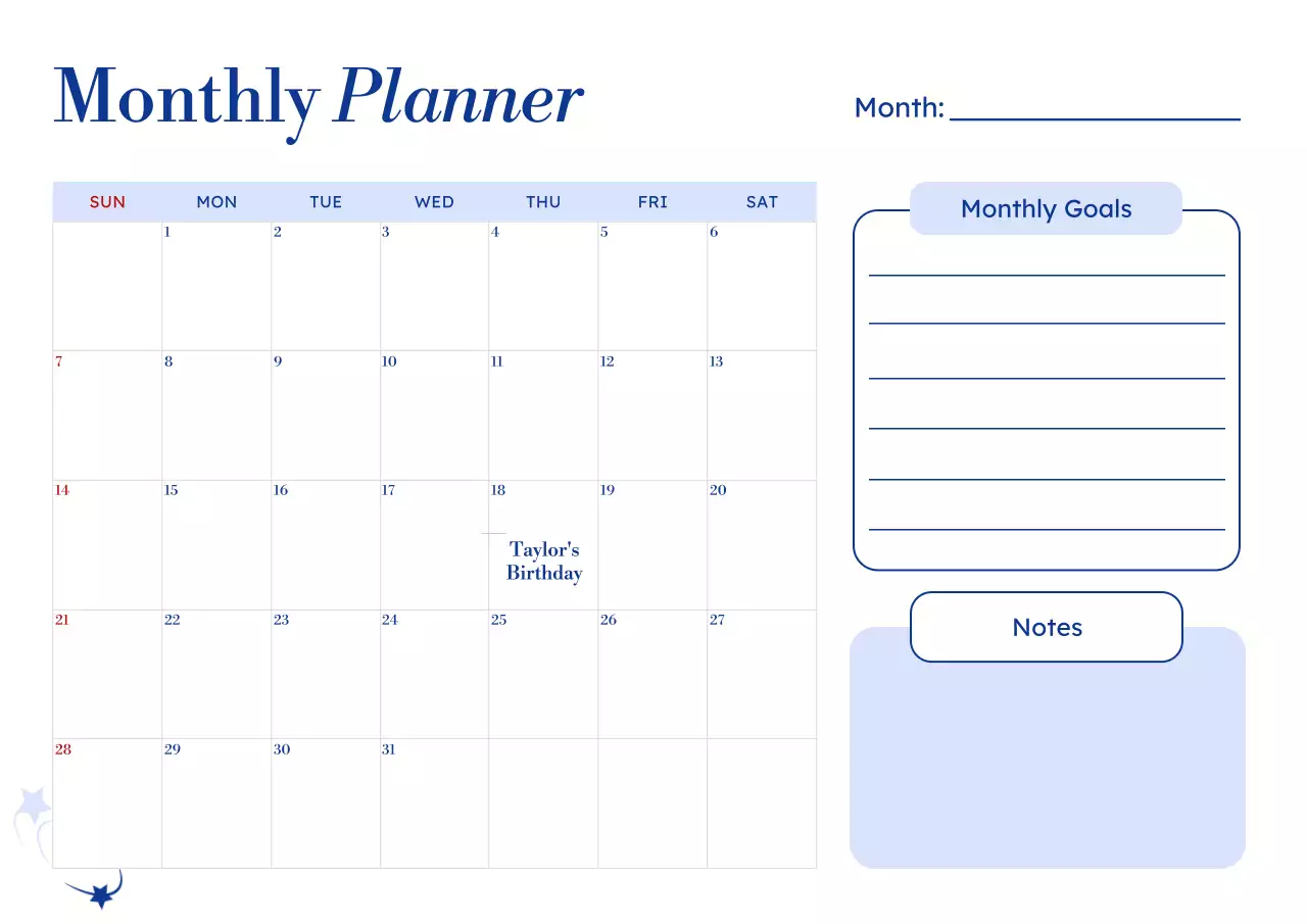 Blue Minimalist Monthly Planner Schedule Poster