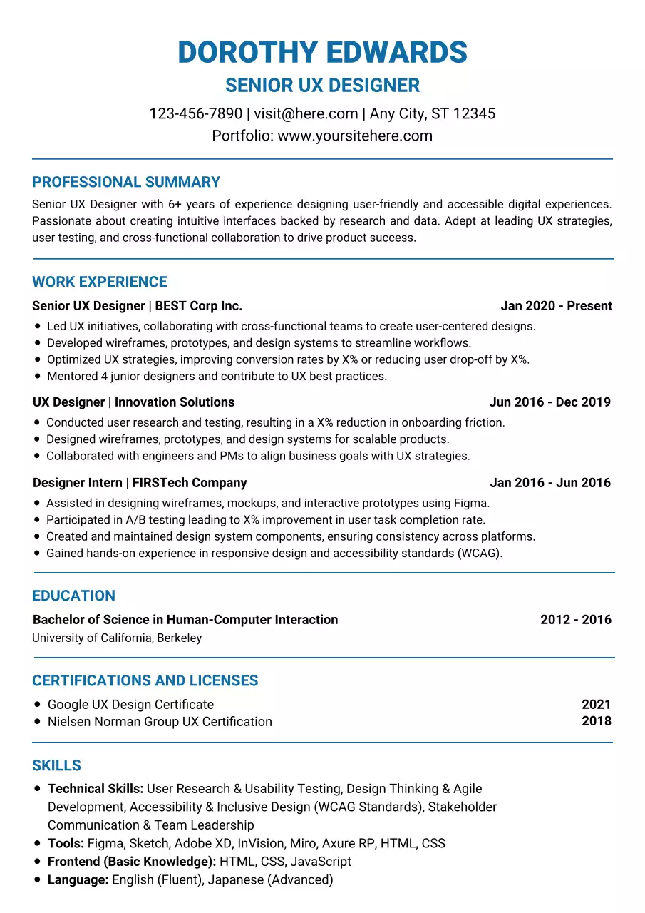 Professional UX Designer ATS Resume Document