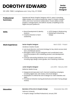 White and Black Minimalist Senior Graphic Designer CV Document