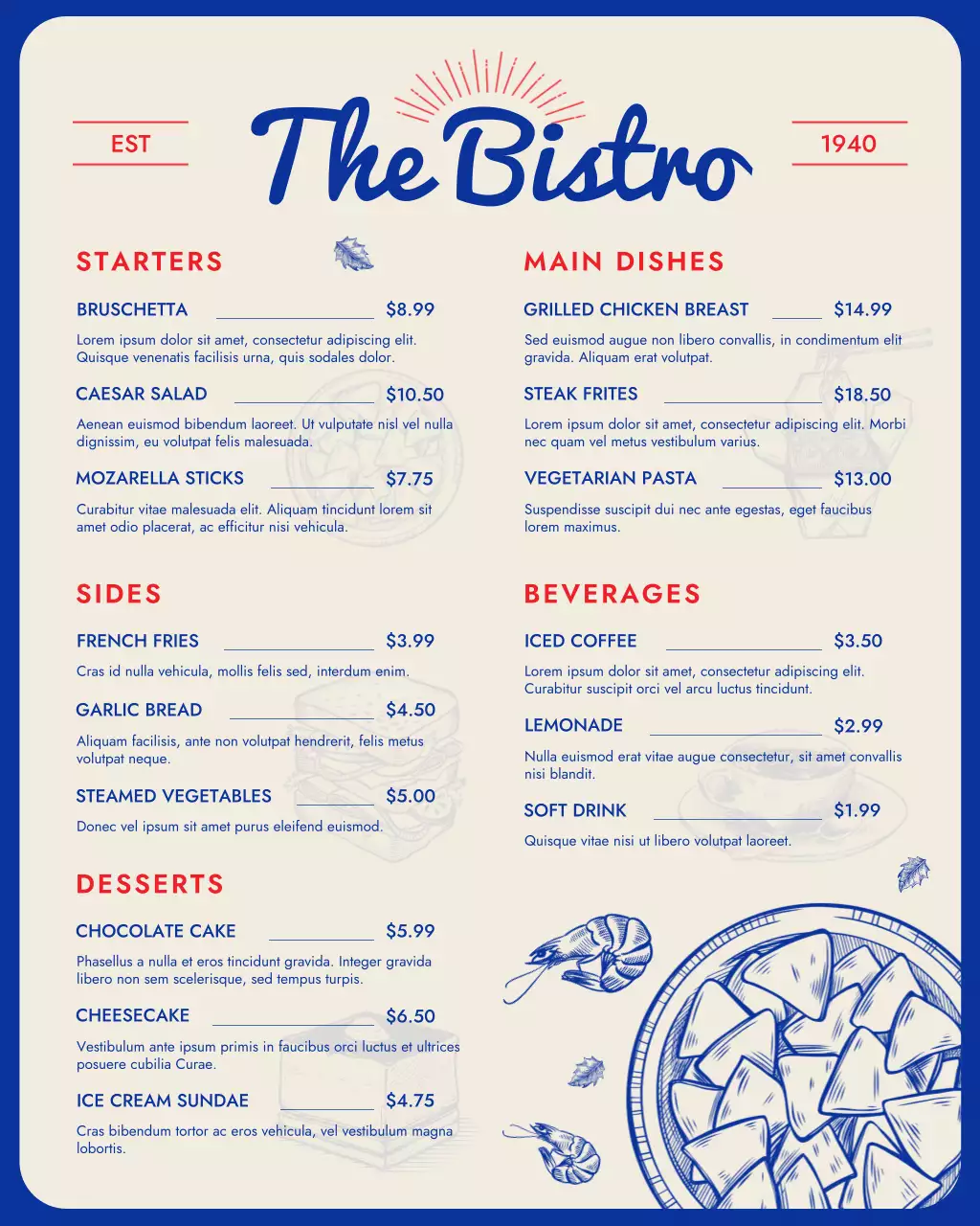 Retro Beige Blue Bistro Restaurant Cafe Digital Menu Instagram Post