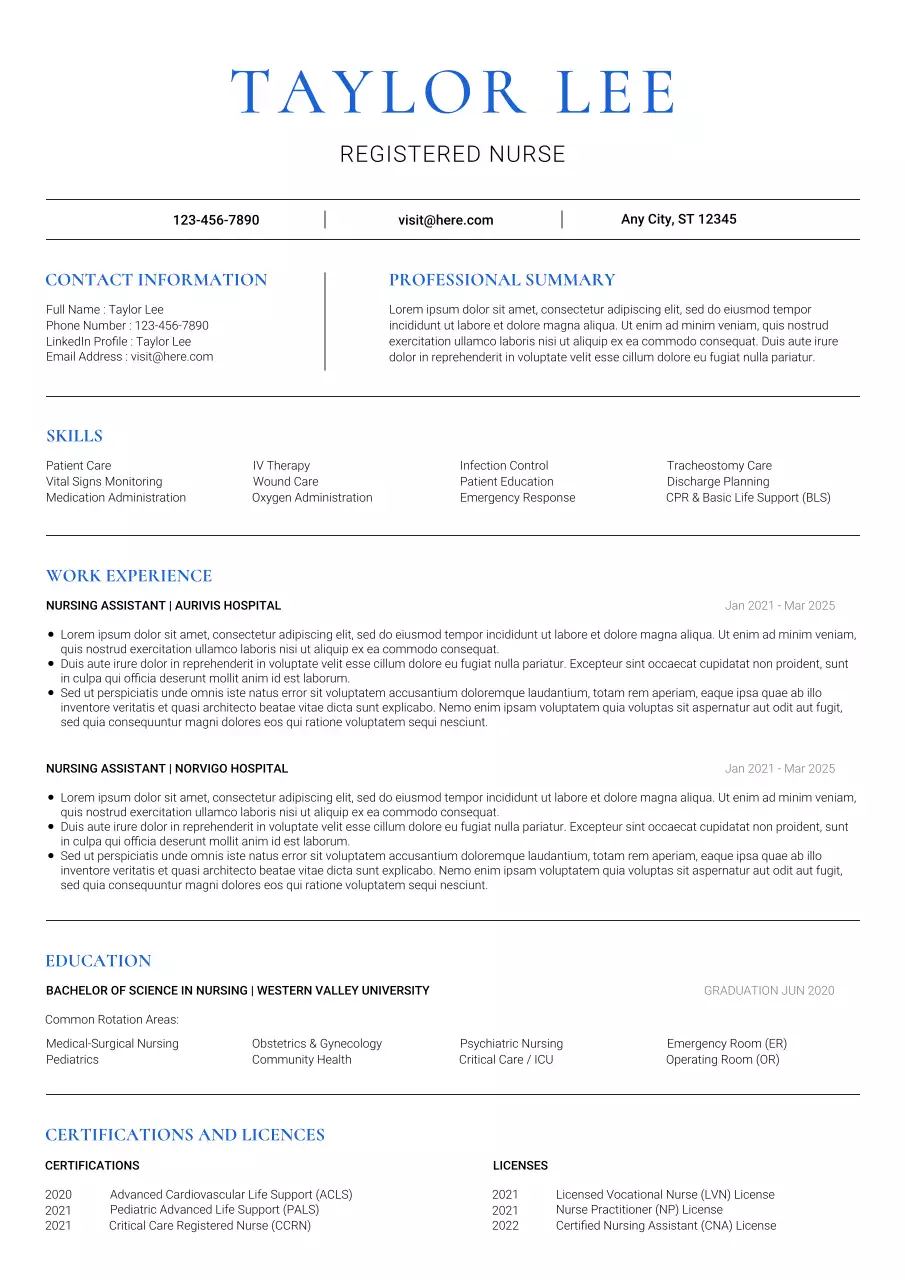 White Blue Minimal Clean Nursing ATS Resume Document