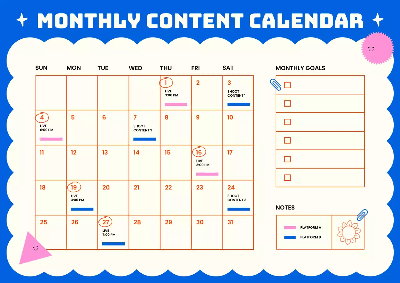 Vibrant Blue Pink Playful Monthly Content Calendar Poster