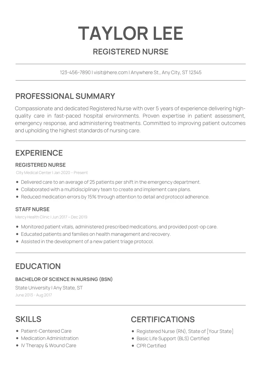 Black and White Professional Registered Nurse Resume Document