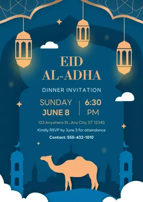Blue Navy Gold Arabian Night Eid Al-Adha Celebration Party Invitation RSVP Poster