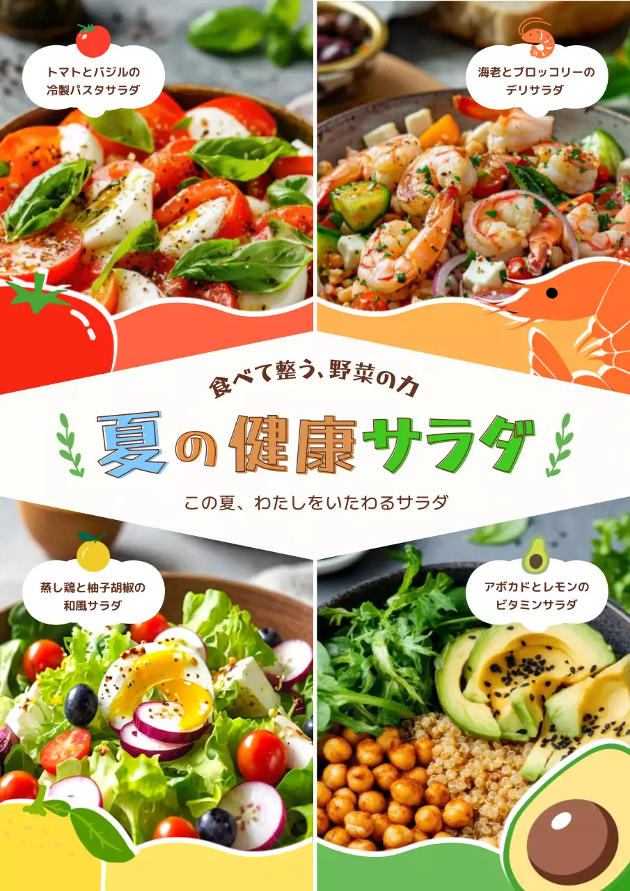カラフル かわいい サラダ メニュー 夏の新メニュー分割レイアウト
