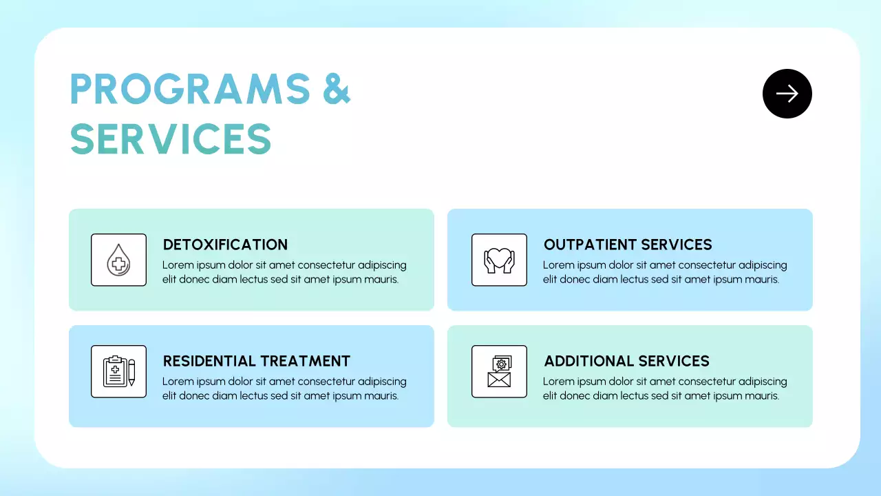 Apresentação sobre recuperação de abuso de substâncias limpas em azul e menta