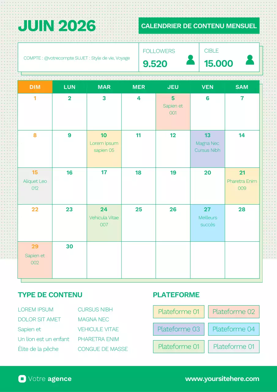 Affiche du calendrier mensuel des médias sociaux au format vertical