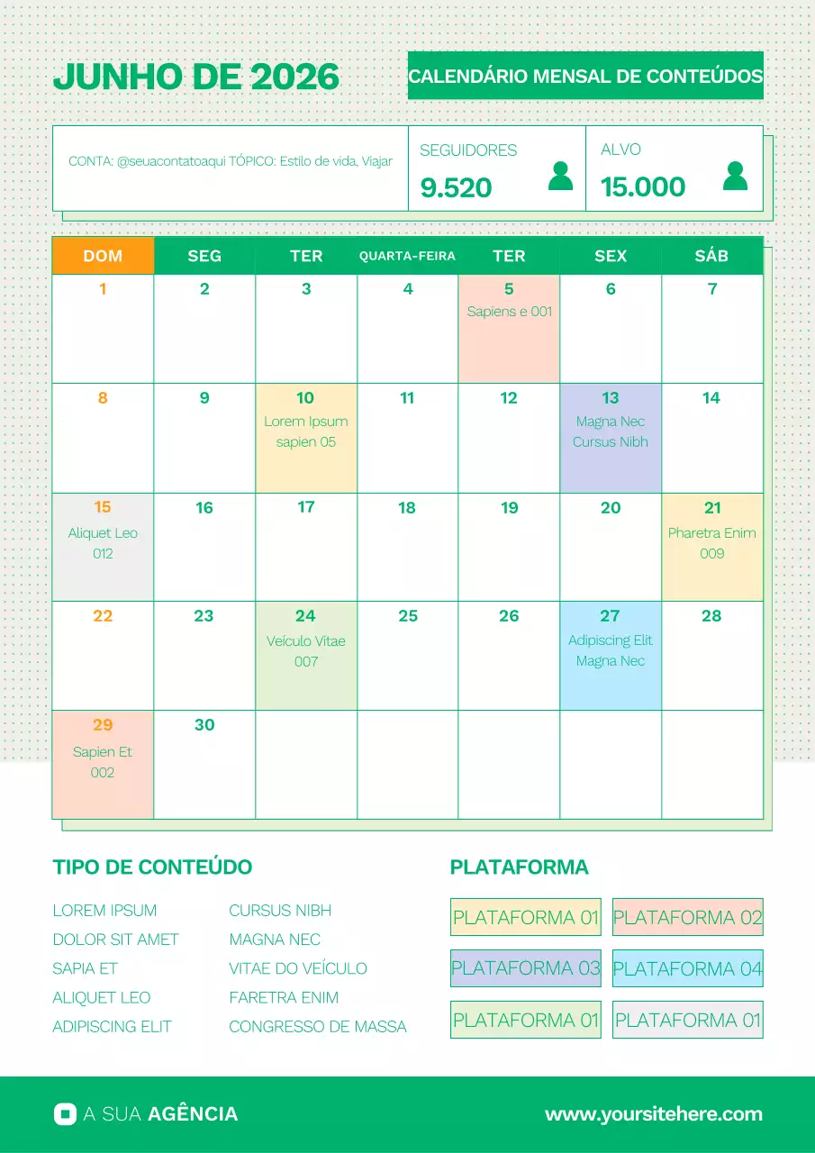 Calendário Mensal de Mídias Sociais com Conteúdo em Formato Vertical