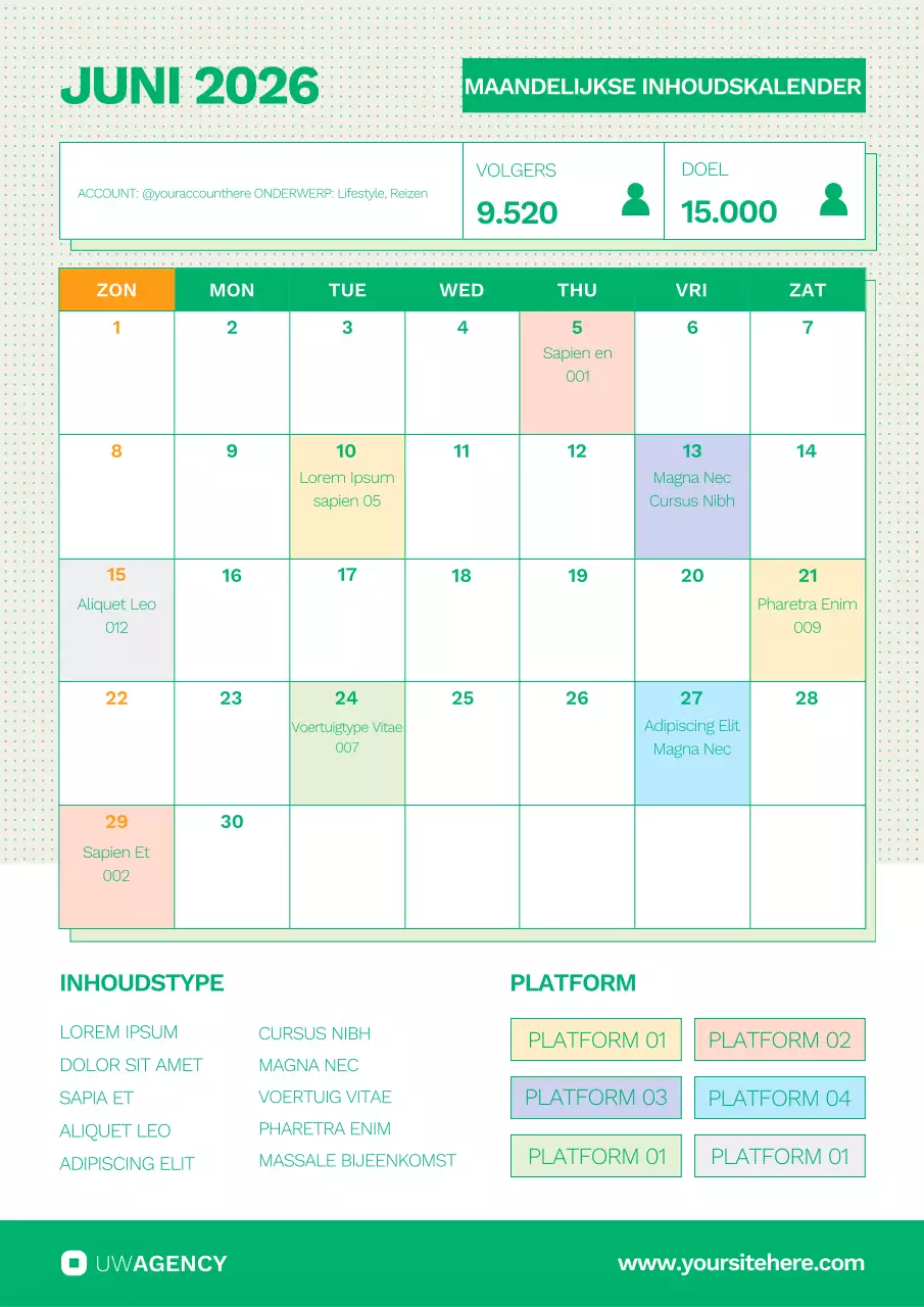 Maandelijkse content social media kalender in verticaal formaat poster