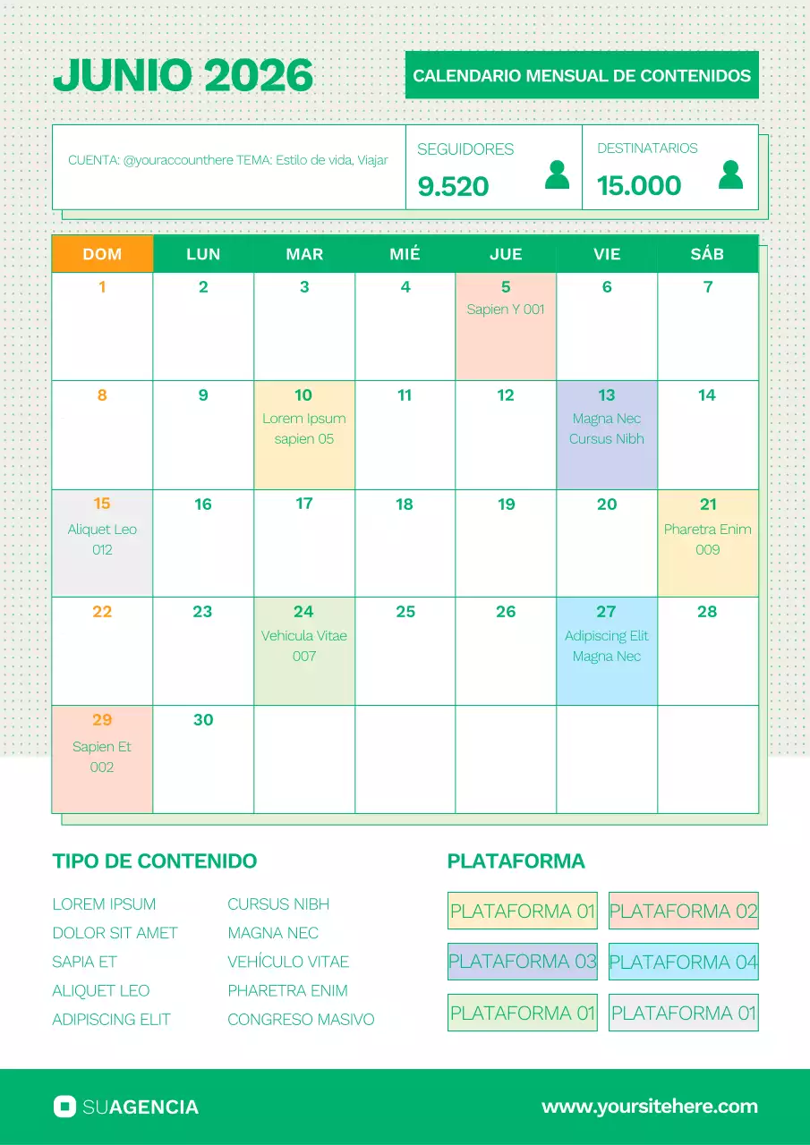 Calendario mensual de contenido para redes sociales en formato vertical.