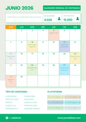 Calendario mensual de contenido para redes sociales en formato vertical.
