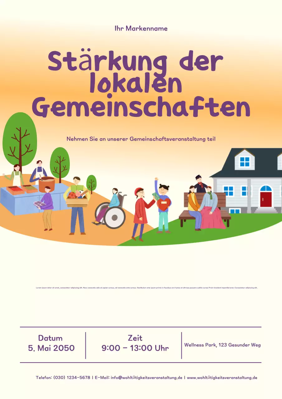 Orangefarbenes, modernes Einladungsplakat für Gemeinschaftsveranstaltungen