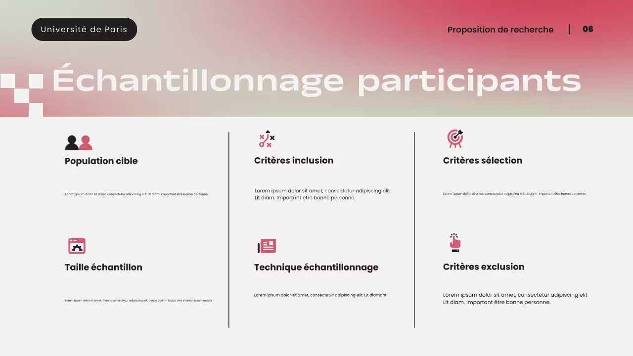 Présentation d'une proposition de recherche moderne avec un dégradé rose simple