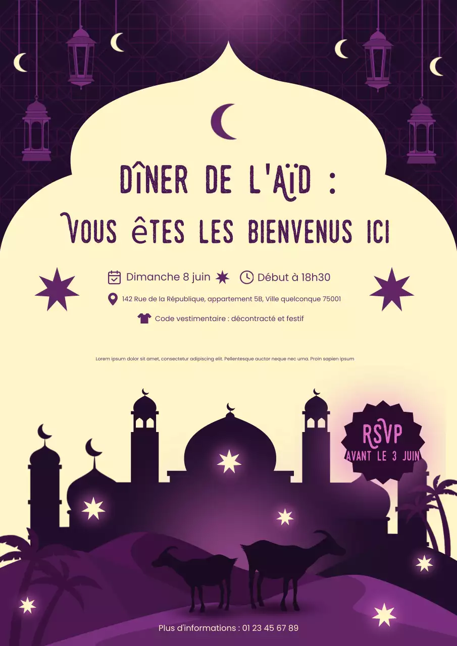 Affiche d'invitation décorative violette élégante pour l'Aïd el-Adha