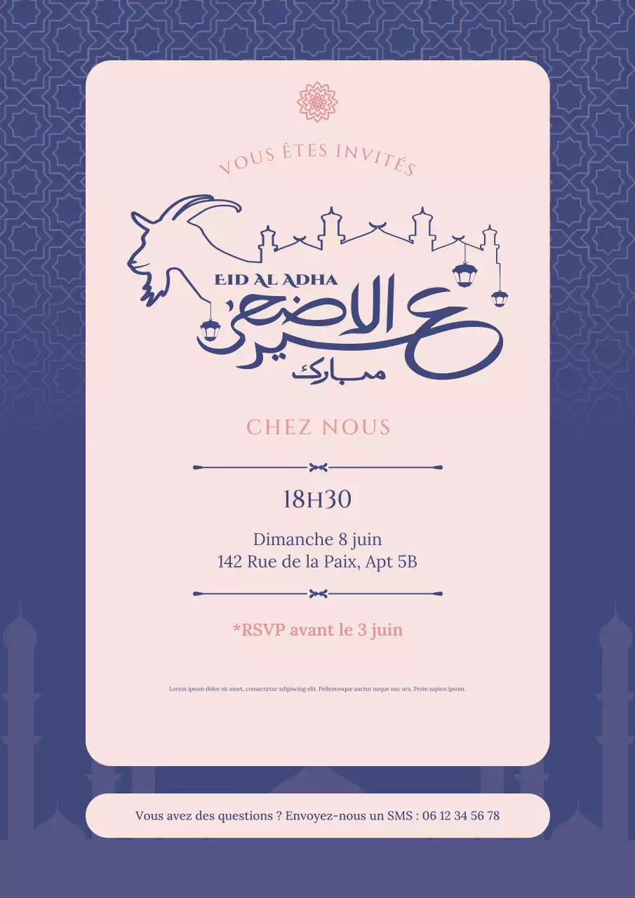 Invitation élégante de l'Aïd Adha bleu et rose
