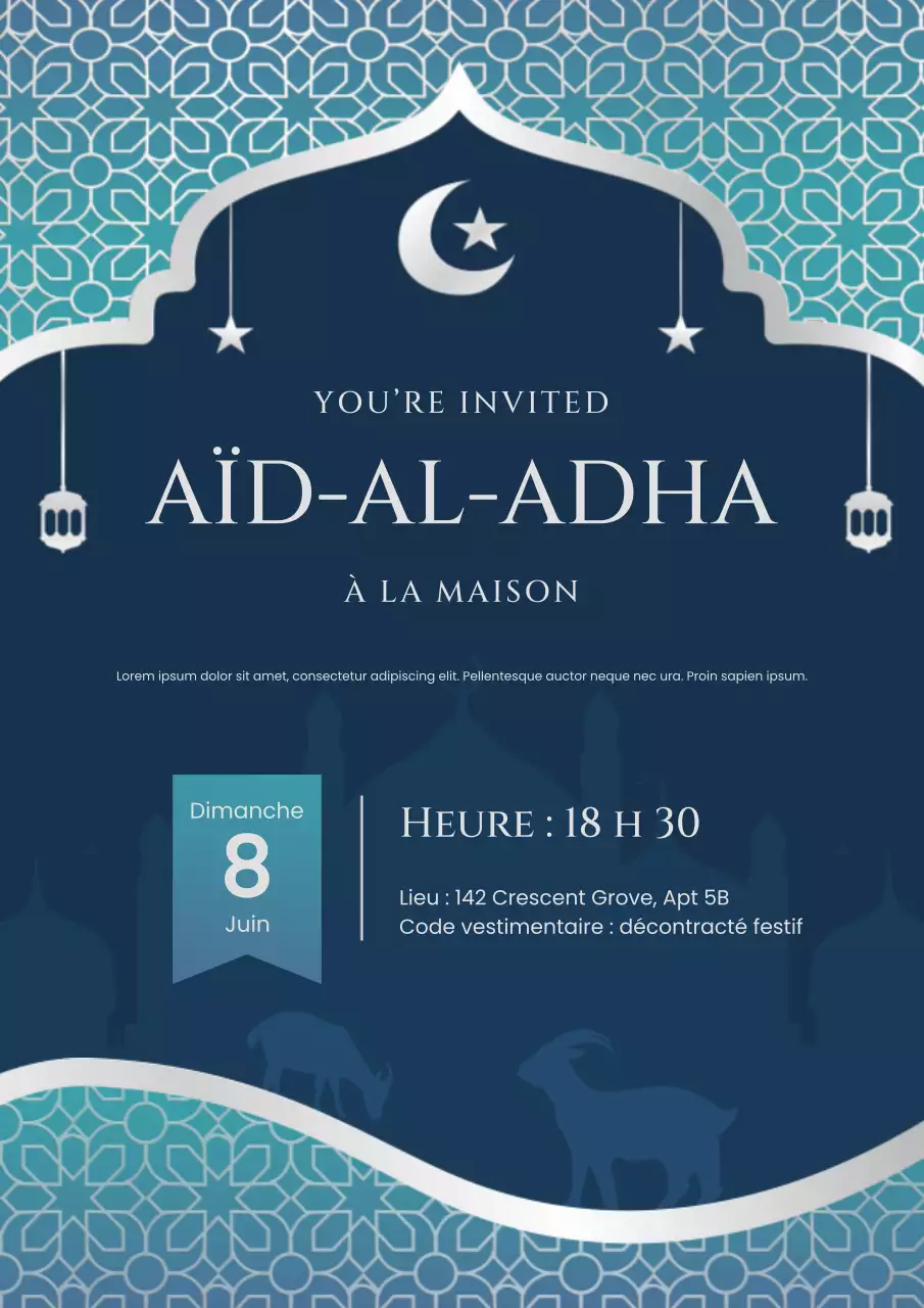 Invitation élégante et bleue pour la célébration de l'Aïd