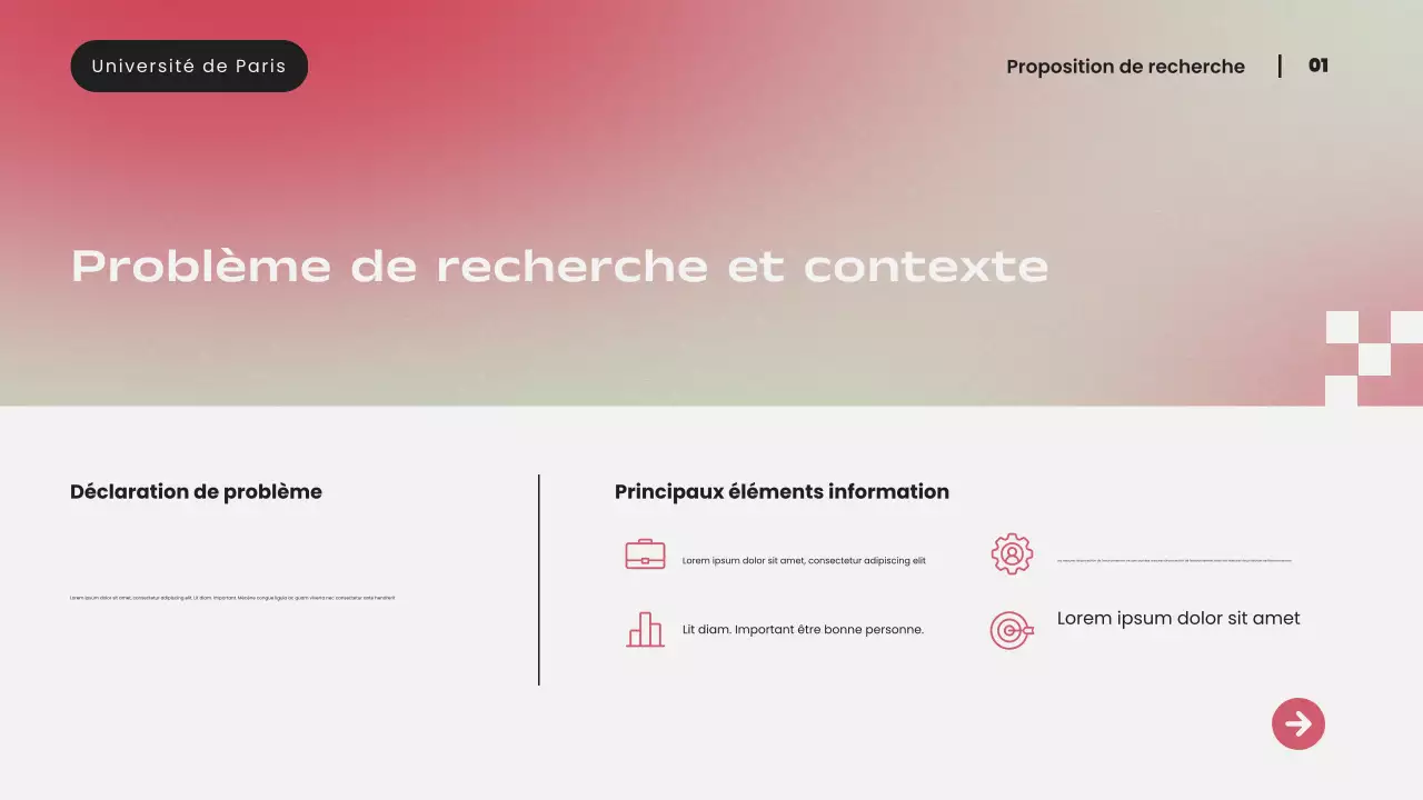 Présentation d'une proposition de recherche moderne avec un dégradé rose simple