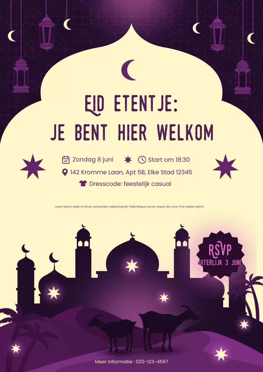 Paarse elegante decoratieve Eid al-Adha-uitnodigingsposter