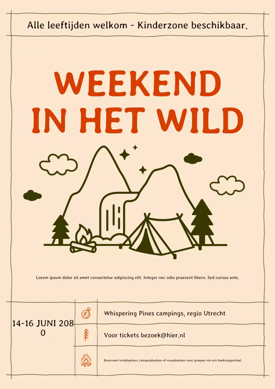 Beige rustieke handgetekende aankondigingsposter voor kampeerevenementen