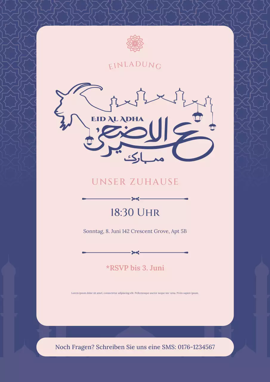 Blaues rosa elegantes Eid Adha Einladung