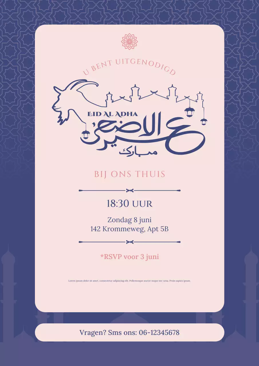 Blauwe roze elegante Eid Adha-uitnodiging
