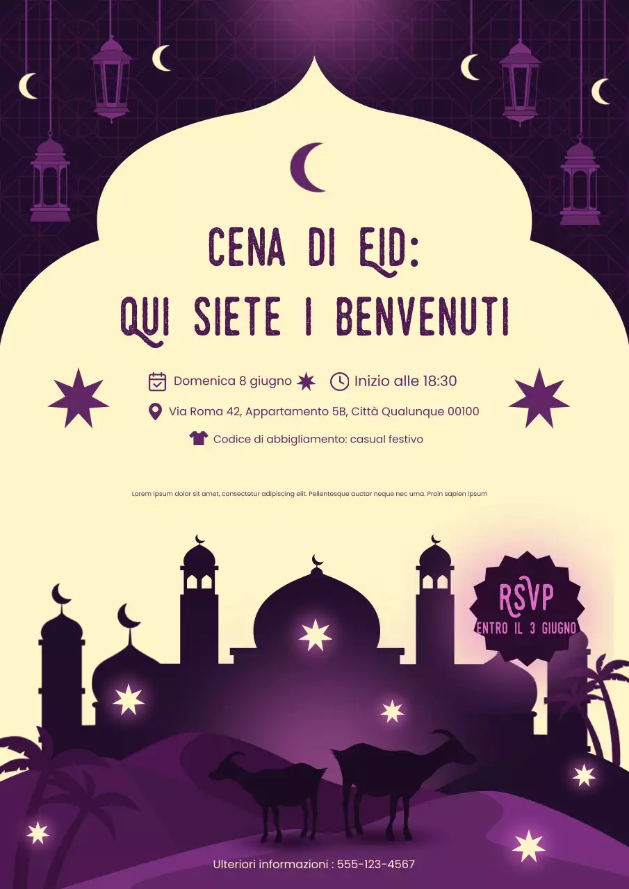 Poster decorativo elegante viola per l'invito all'Eid Al-Adha