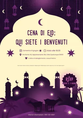 Poster decorativo elegante viola per l'invito all'Eid Al-Adha