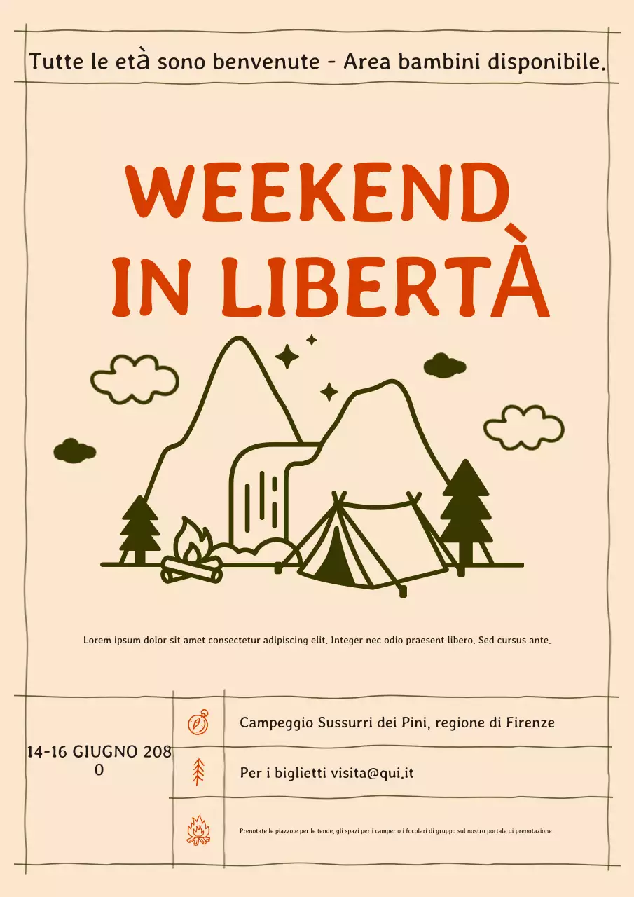 Manifesto di annuncio di evento di campeggio disegnato a mano rustico beige