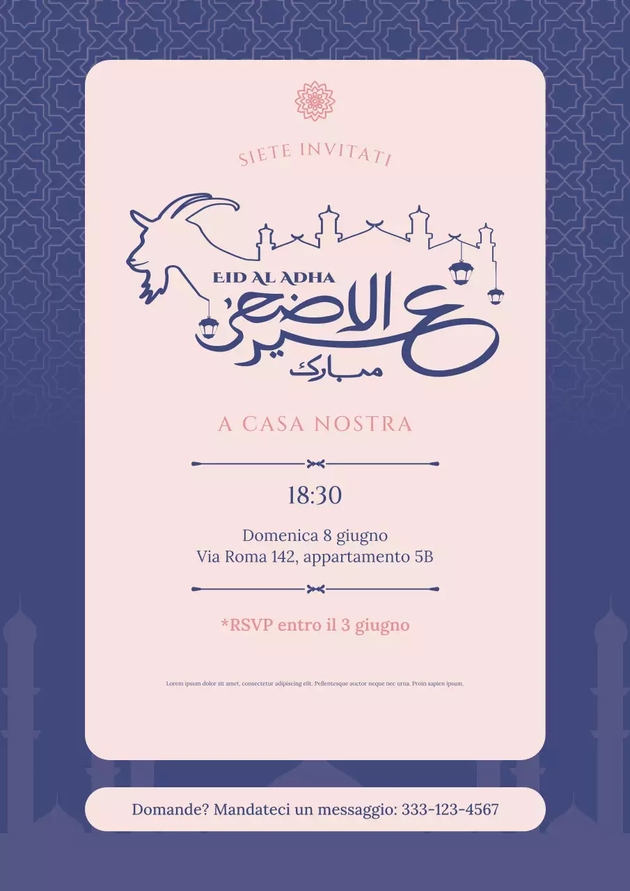 Invito elegante blu e rosa per l'Eid Adha