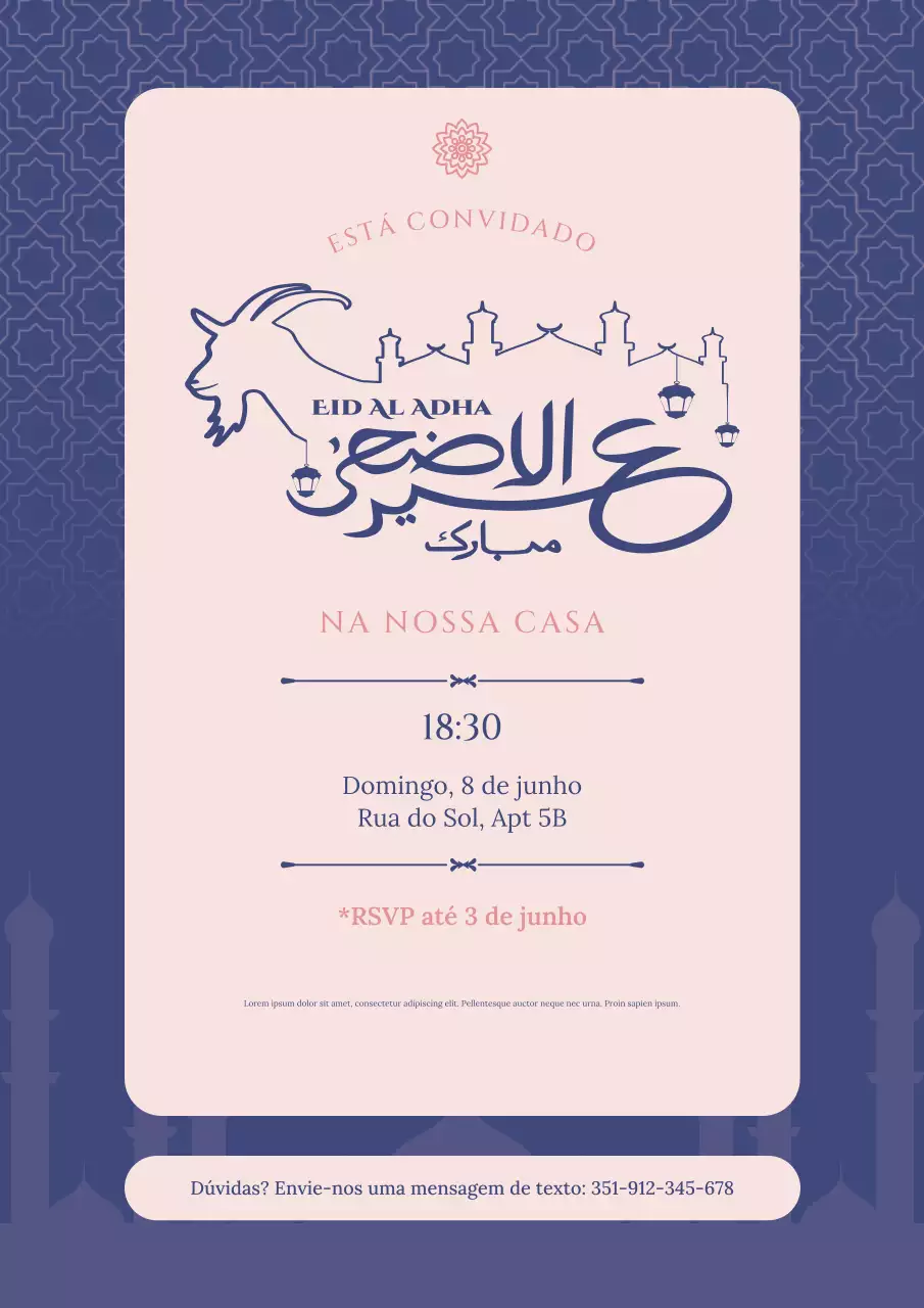Convite elegante azul rosa para Eid Adha