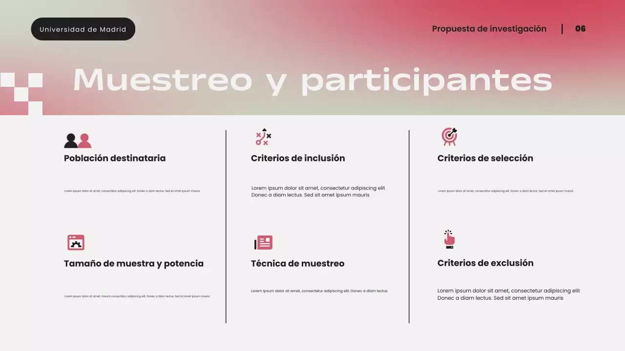 Presentación de propuesta de investigación moderna con degradado rosa simple
