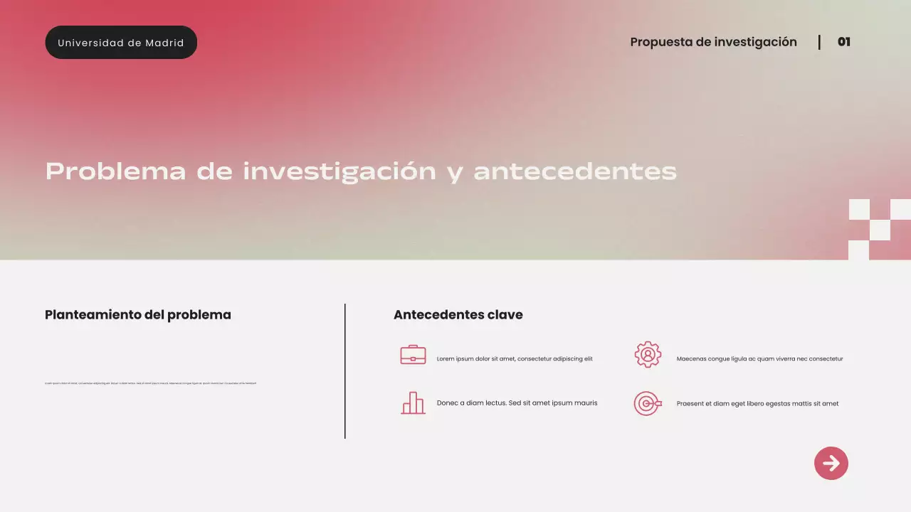 Presentación de propuesta de investigación moderna con degradado rosa simple