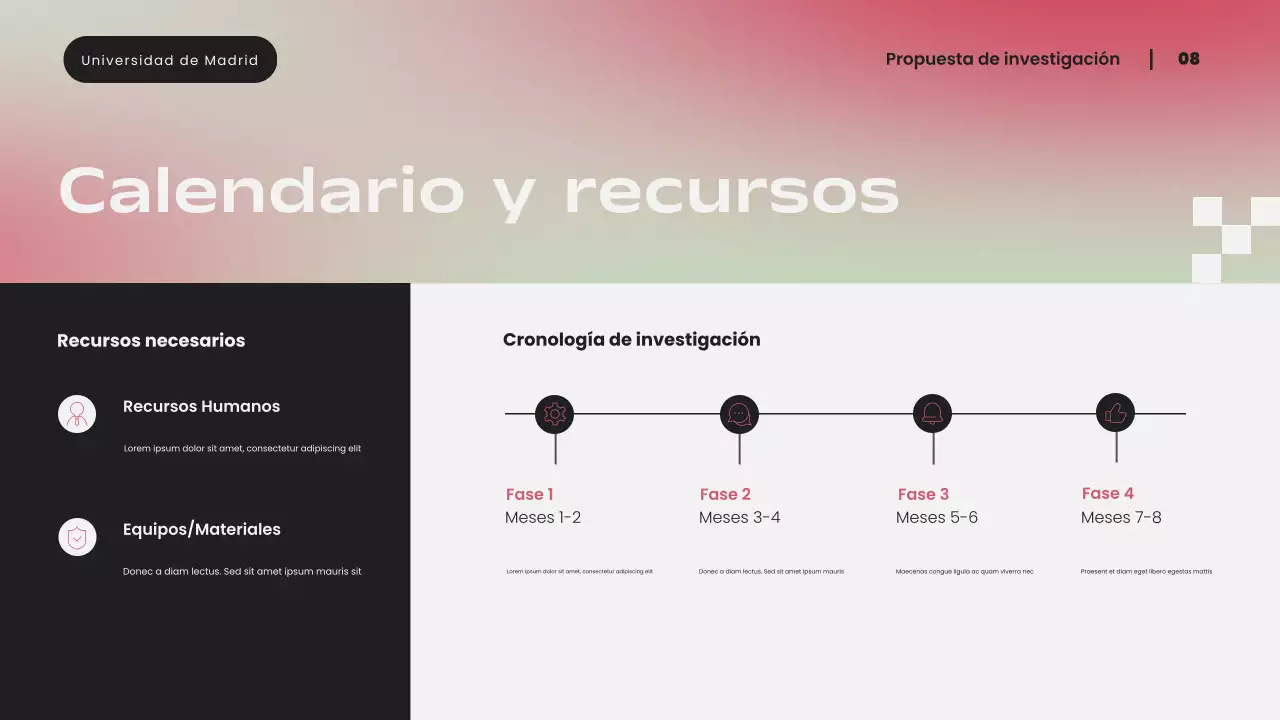 Presentación de propuesta de investigación moderna con degradado rosa simple