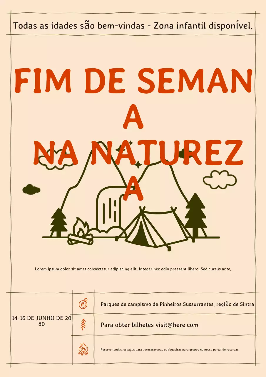 Cartaz de anúncio de evento de acampamento desenhado à mão rústico bege