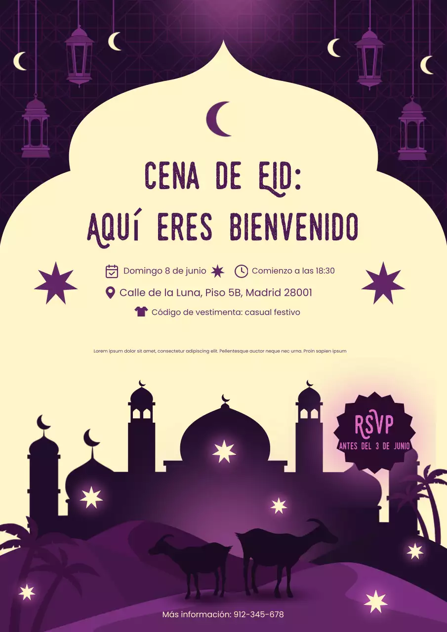 Póster de invitación para Eid al-Adha, elegante y decorativo, de color morado