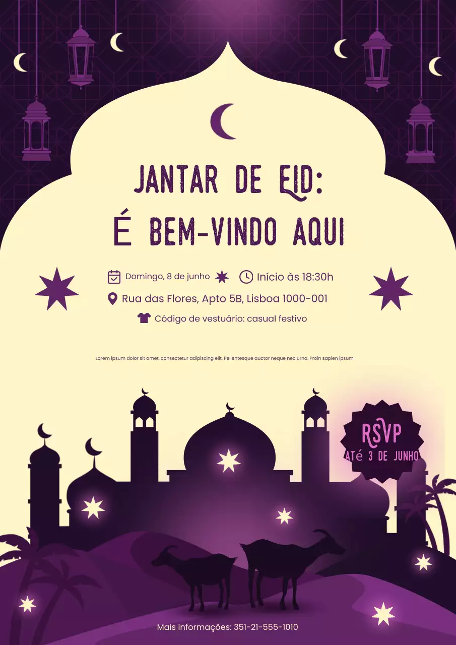 Cartaz de convite decorativo elegante roxo para Eid Al-Adha