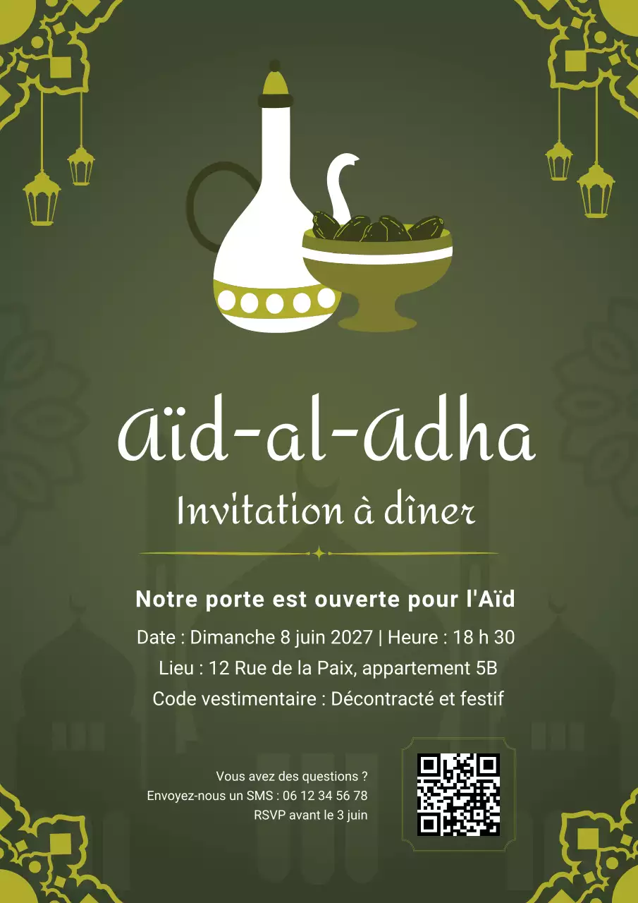 Invitation élégante au dîner de l'Aïd vert olive