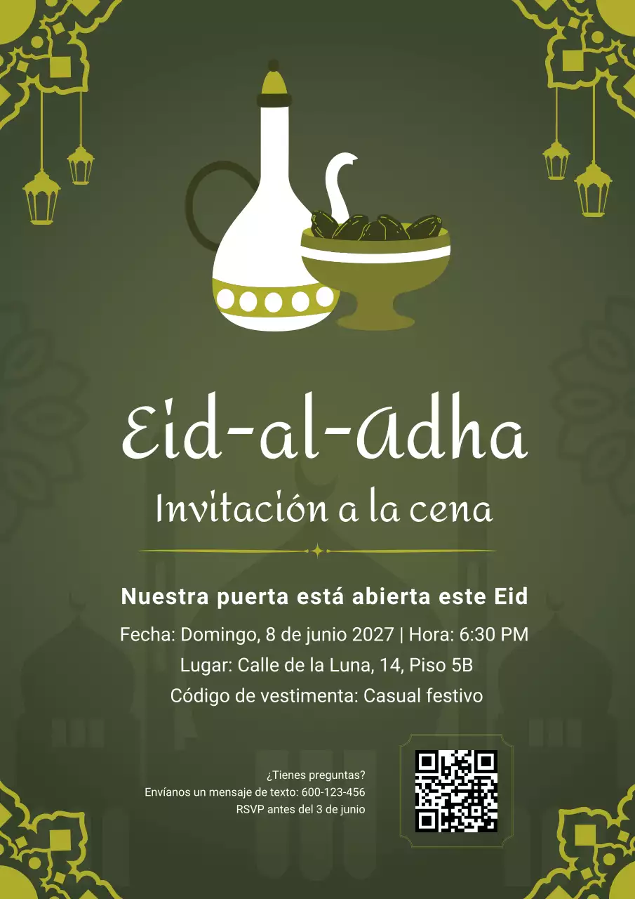 Invitación elegante para la cena de Eid en color verde oliva